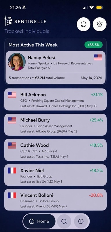 Capture de l'app mobile Sentinelle — agrégation des 4 sources publiques AMF, SEC Form 4, STOCK Act, SEC 13F dans une timeline unique